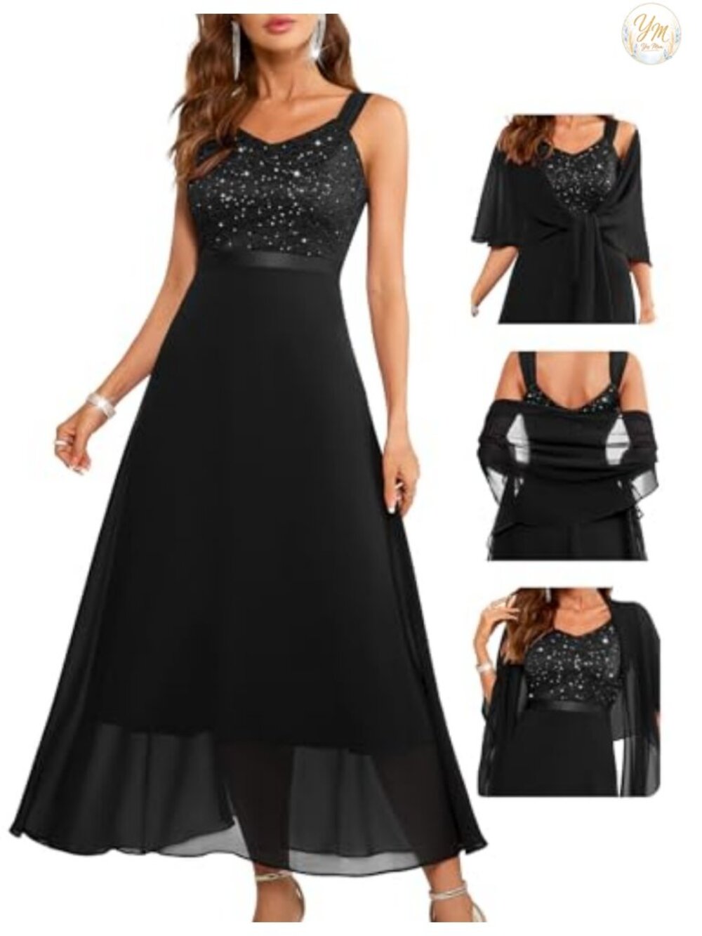 BeryLove Formal Evening Dress Sequin Lace A-Line Maxi with Chiffon Shawl
